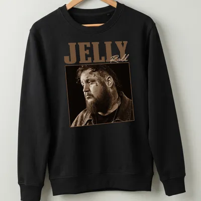 Sepia-toned Jelly Roll graphic with playful text in brown and beige — printed on a unisex sweatshirt