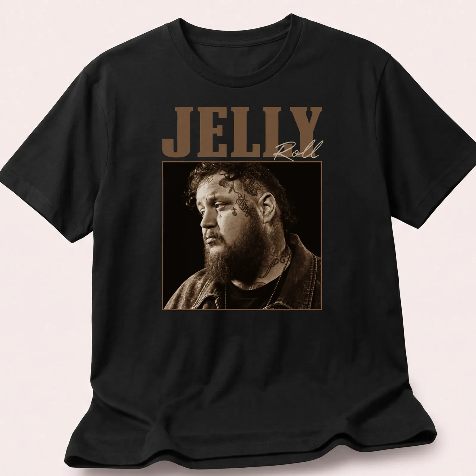 Sepia-toned Jelly Roll graphic with playful text in brown and beige — printed on a unisex t-shirt