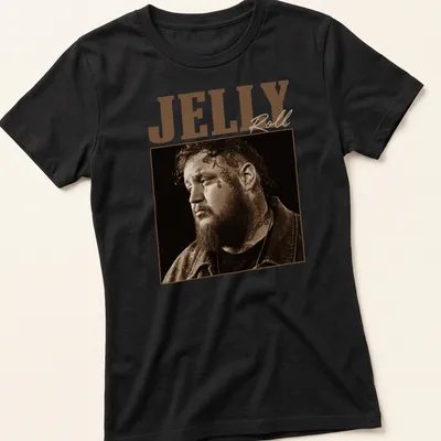 Sepia-toned Jelly Roll graphic with playful text in brown and beige — printed on a women's shirt