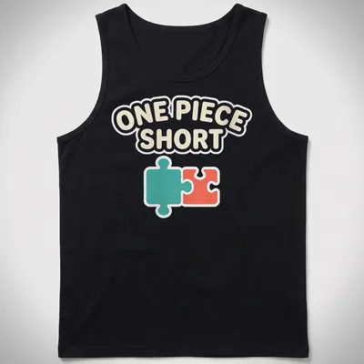 Playful illustration of a jigsaw puzzle piece with text One Piece Short — printed on a tank top