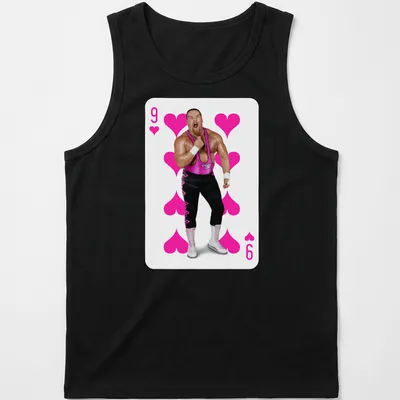 Illustration of wrestler in playing card style with 9 of Hearts text — printed on a tank top