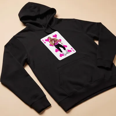 Illustration of wrestler in playing card style with 9 of Hearts text — printed on a unisex hoodie