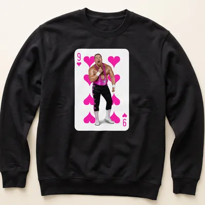 Illustration of wrestler in playing card style with 9 of Hearts text — printed on a unisex sweatshirt