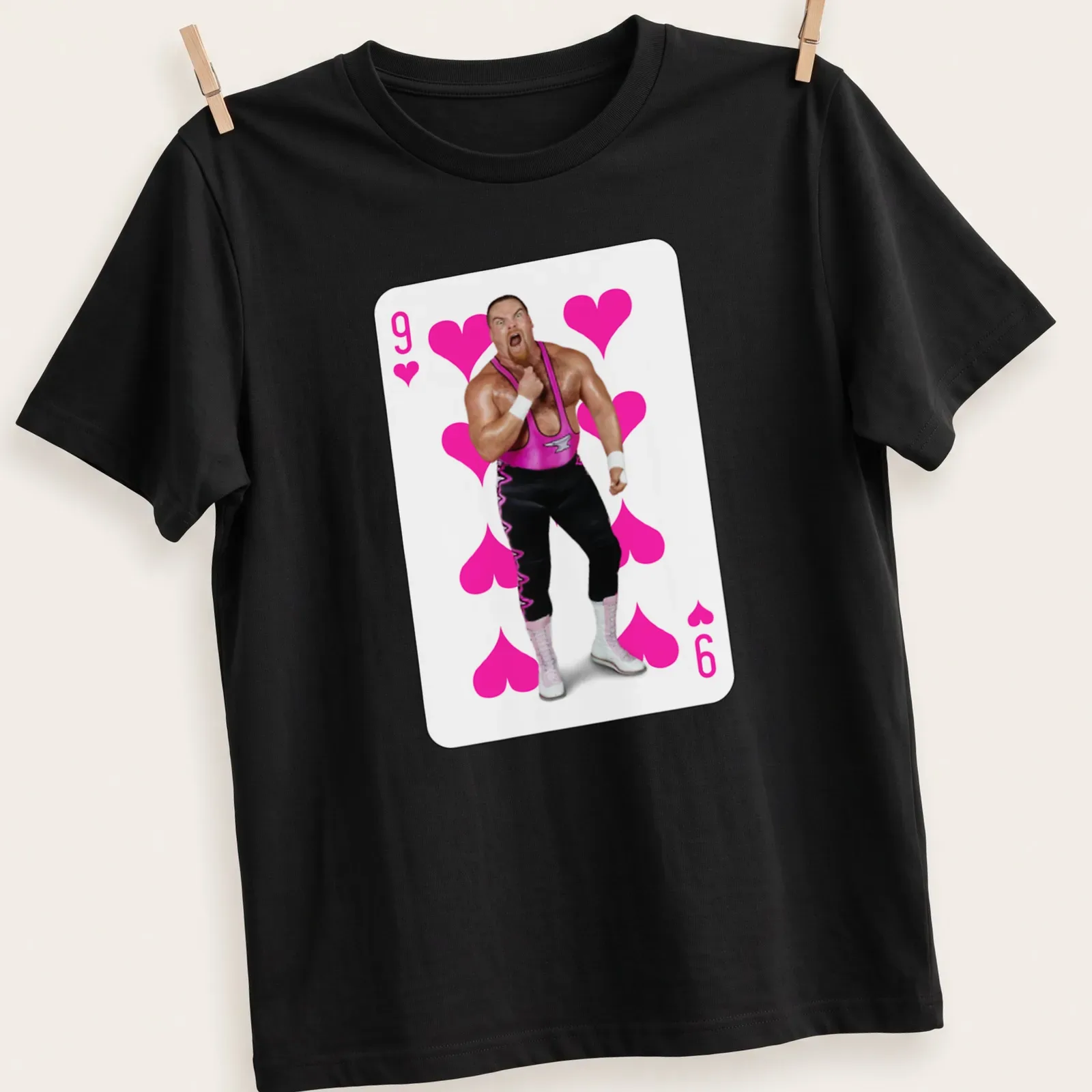 Illustration of wrestler in playing card style with 9 of Hearts text — printed on a unisex t-shirt