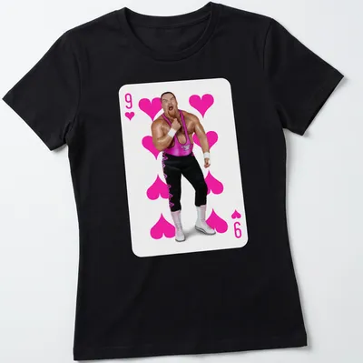 Illustration of wrestler in playing card style with 9 of Hearts text — printed on a women's shirt