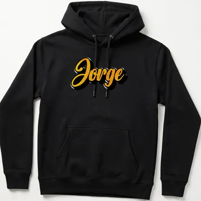 Gold and black T-shirt featuring the name Jorge in bold script — printed on a unisex hoodie