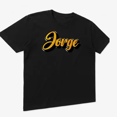 Gold and black T-shirt featuring the name Jorge in bold script — printed on a unisex t-shirt (angled view)