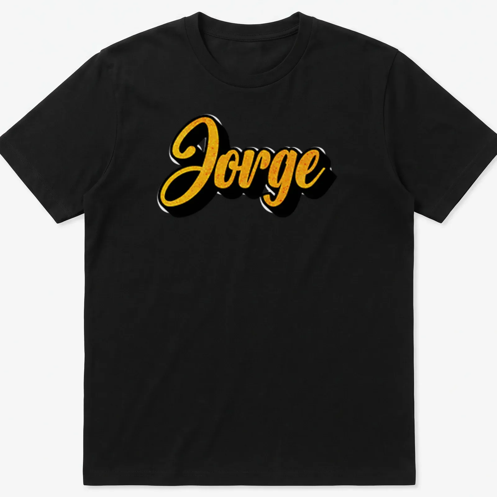 Gold and black T-shirt featuring the name Jorge in bold script — printed on a unisex t-shirt