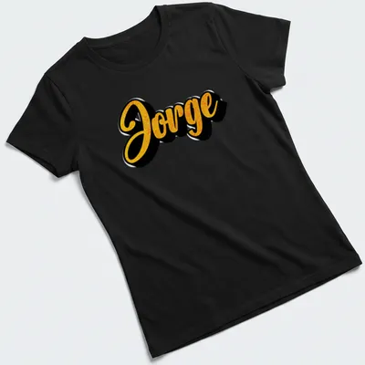 Gold and black T-shirt featuring the name Jorge in bold script — printed on a women's shirt