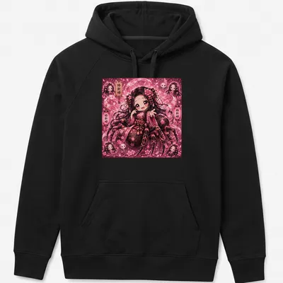 Kawaii Jorogumo character surrounded by pink floral elements with Japanese text. — printed on a unisex hoodie