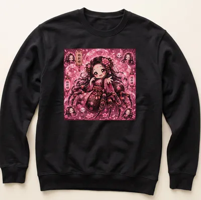 Kawaii Jorogumo character surrounded by pink floral elements with Japanese text. — printed on a unisex sweatshirt