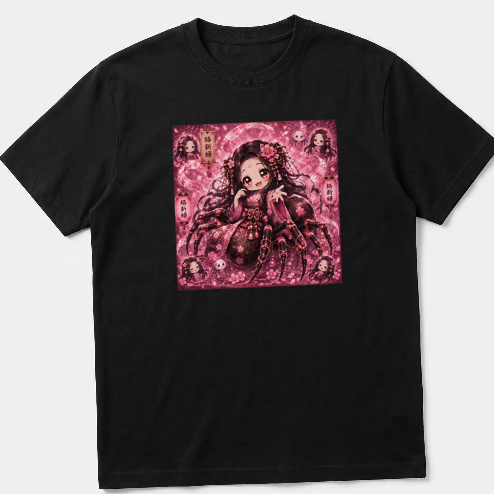 Kawaii Jorogumo character surrounded by pink floral elements with Japanese text. — printed on a unisex t-shirt