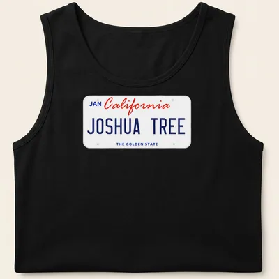 Vintage California license plate design featuring Joshua Tree in blue and red — printed on a tank top