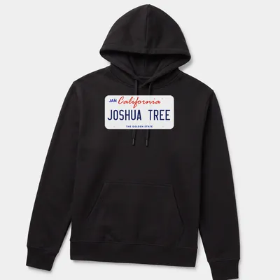 Vintage California license plate design featuring Joshua Tree in blue and red — printed on a unisex hoodie