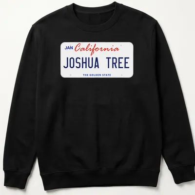 Vintage California license plate design featuring Joshua Tree in blue and red — printed on a unisex sweatshirt