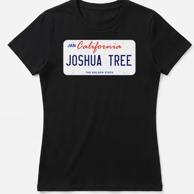 Vintage California license plate design featuring Joshua Tree in blue and red — printed on a women's shirt