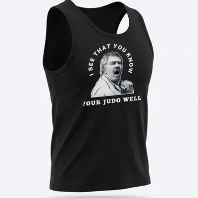 Stylized portrait of a passionate judo coach with motivational text — printed on a tank top