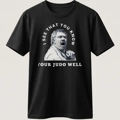 Stylized portrait of a passionate judo coach with motivational text