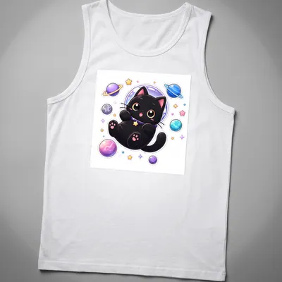 Kawaii black cat floating in space, surrounded by colorful stars and planets. — printed on a tank top