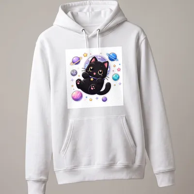 Kawaii black cat floating in space, surrounded by colorful stars and planets. — printed on a unisex hoodie