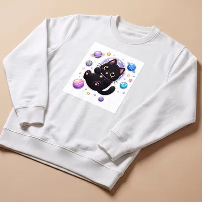 Kawaii black cat floating in space, surrounded by colorful stars and planets. — printed on a unisex sweatshirt