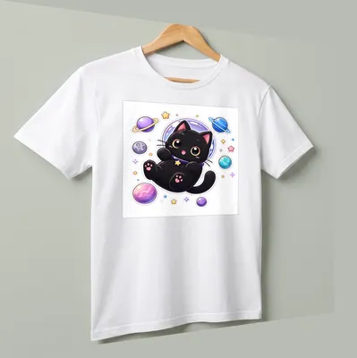 Kawaii black cat floating in space, surrounded by colorful stars and planets. — printed on a unisex t-shirt (angled view)
