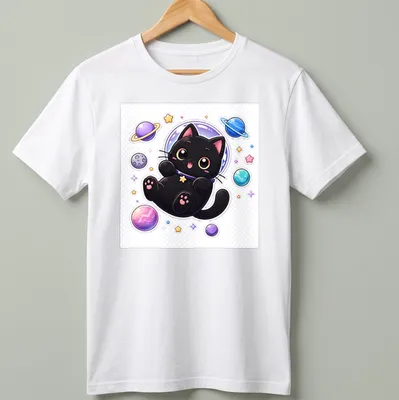 Kawaii black cat floating in space, surrounded by colorful stars and planets.