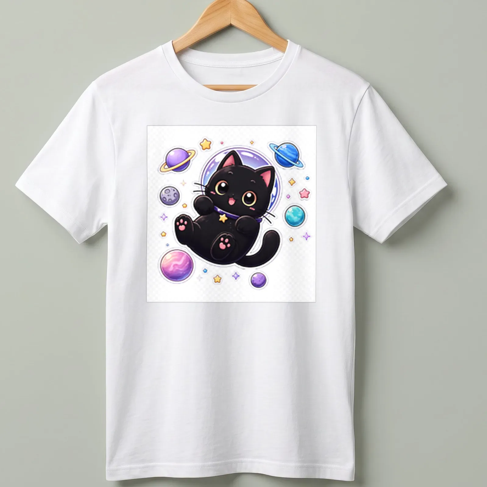 Kawaii black cat floating in space, surrounded by colorful stars and planets. — printed on a unisex t-shirt
