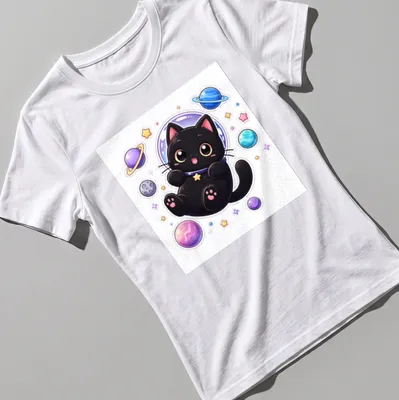 Kawaii black cat floating in space, surrounded by colorful stars and planets. — printed on a women's shirt