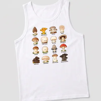 Kawaii mushroom species chart t-shirt featuring cute cartoon mushrooms in various colors — printed on a tank top