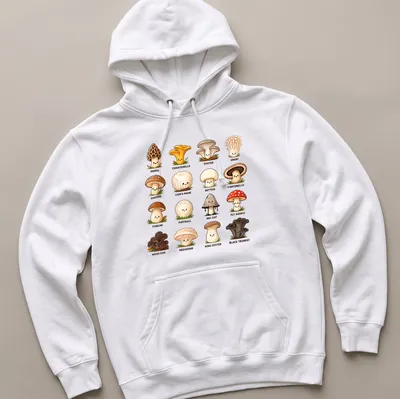 Kawaii mushroom species chart t-shirt featuring cute cartoon mushrooms in various colors — printed on a unisex hoodie