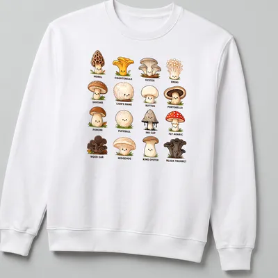 Kawaii mushroom species chart t-shirt featuring cute cartoon mushrooms in various colors — printed on a unisex sweatshirt