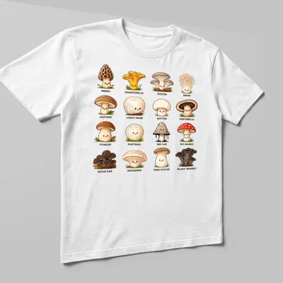 Kawaii mushroom species chart t-shirt featuring cute cartoon mushrooms in various colors — printed on a unisex t-shirt (angled view)
