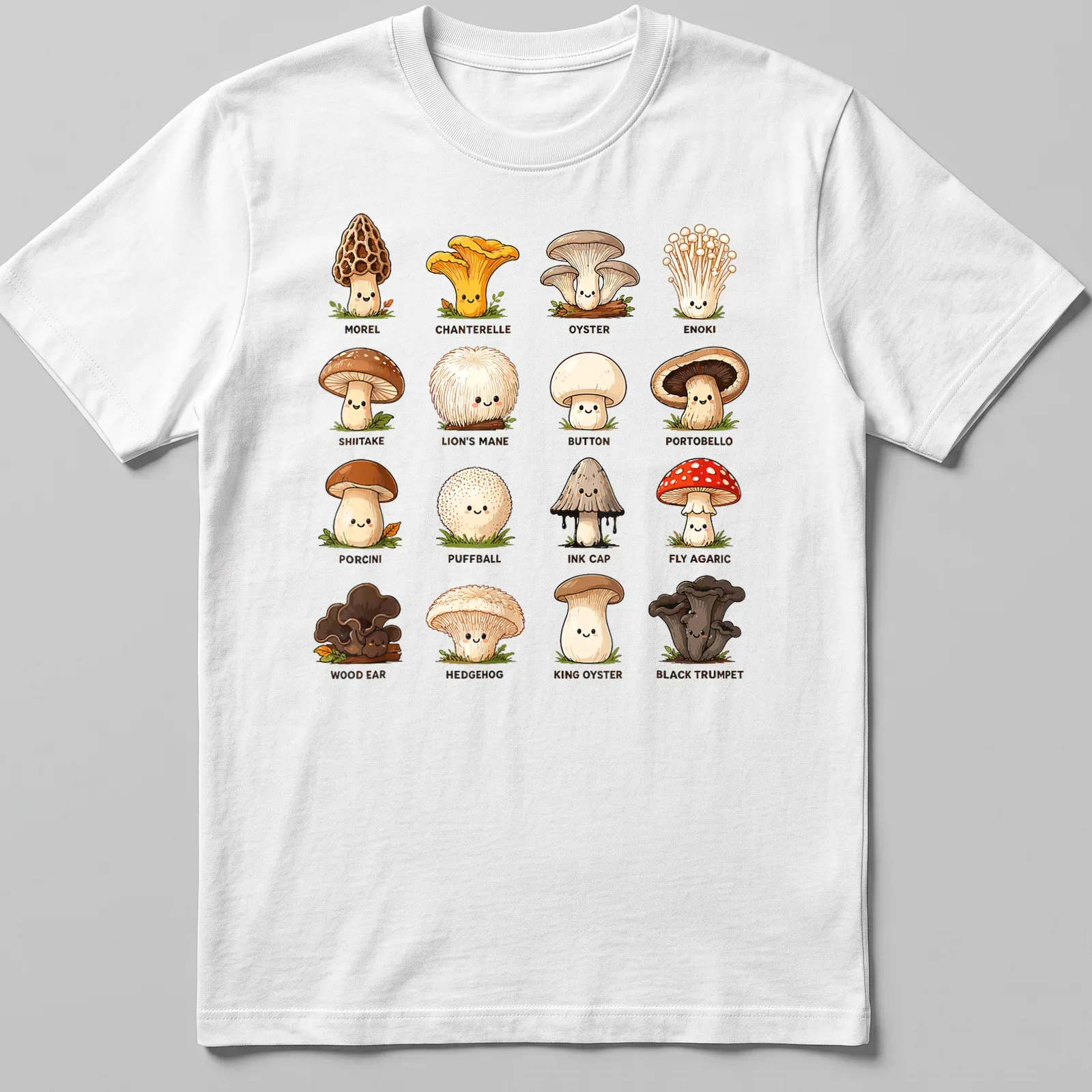 Kawaii mushroom species chart t-shirt featuring cute cartoon mushrooms in various colors — printed on a unisex t-shirt