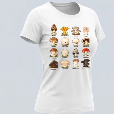 Kawaii mushroom species chart t-shirt featuring cute cartoon mushrooms in various colors — printed on a women's shirt