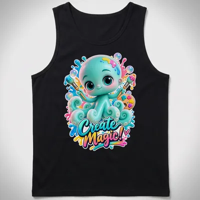 Colorful kawaii octopus t-shirt with playful text 'Create Magic!' — printed on a tank top