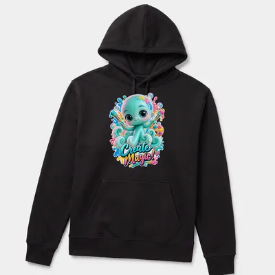 Colorful kawaii octopus t-shirt with playful text 'Create Magic!' — printed on a unisex hoodie