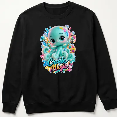 Colorful kawaii octopus t-shirt with playful text 'Create Magic!' — printed on a unisex sweatshirt