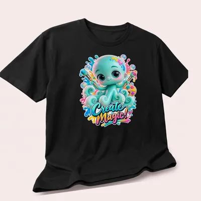 Colorful kawaii octopus t-shirt with playful text 'Create Magic!' — printed on a unisex t-shirt (angled view)