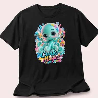 Colorful kawaii octopus t-shirt with playful text 'Create Magic!'
