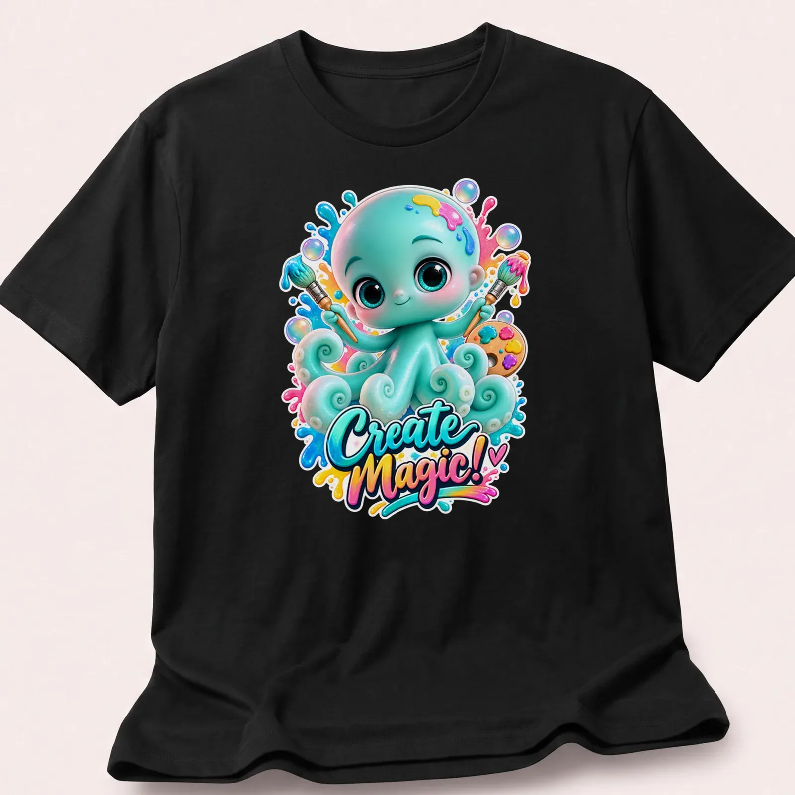 Colorful kawaii octopus t-shirt with playful text 'Create Magic!' — printed on a unisex t-shirt