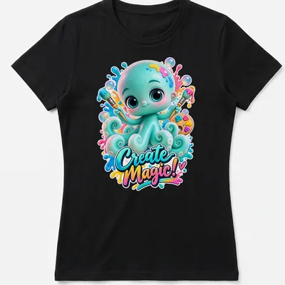 Colorful kawaii octopus t-shirt with playful text 'Create Magic!' — printed on a women's shirt