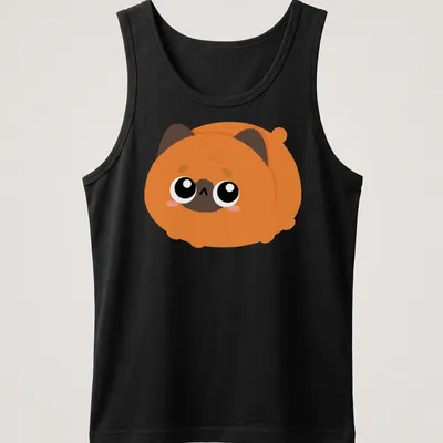 Kawaii orange cat graphic with big eyes in orange, brown, black, and white — printed on a tank top