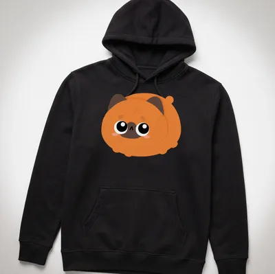 Kawaii orange cat graphic with big eyes in orange, brown, black, and white — printed on a unisex hoodie