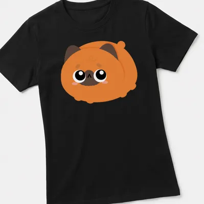 Kawaii orange cat graphic with big eyes in orange, brown, black, and white — printed on a women's shirt