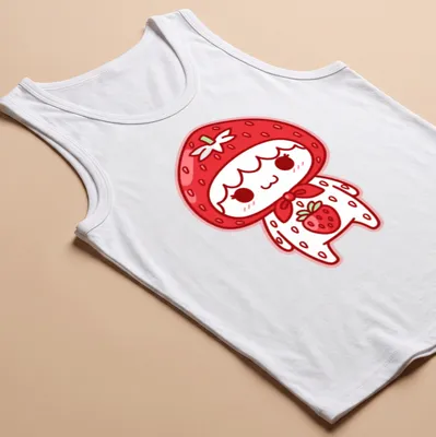 Kawaii strawberry character illustration in red, white, and green — printed on a tank top