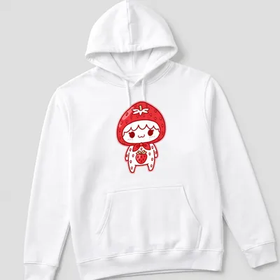 Kawaii strawberry character illustration in red, white, and green — printed on a unisex hoodie