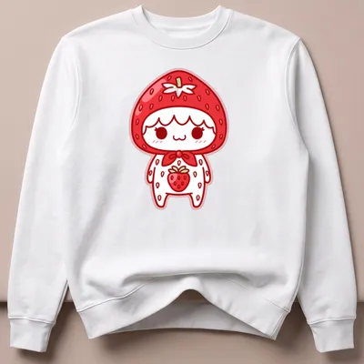 Kawaii strawberry character illustration in red, white, and green — printed on a unisex sweatshirt