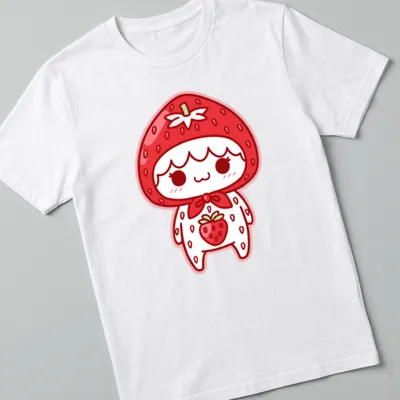 Kawaii strawberry character illustration in red, white, and green