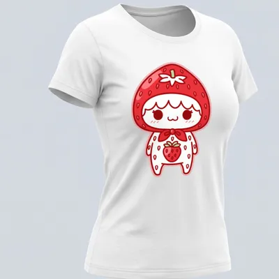Kawaii strawberry character illustration in red, white, and green — printed on a women's shirt